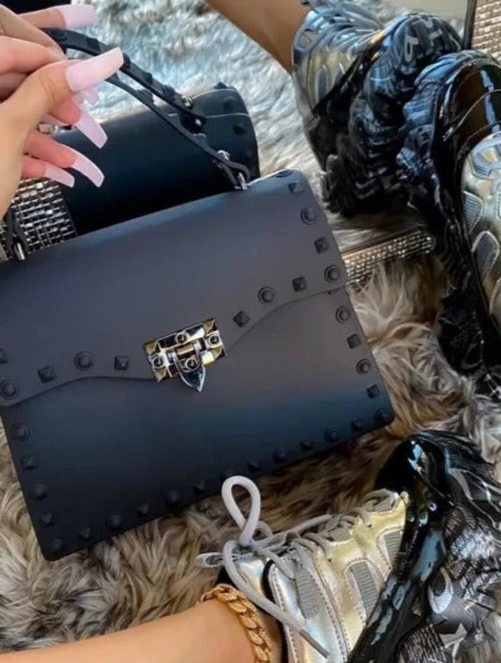 Black Studded Top-Handle Women’s Bag